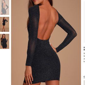 Lulus Gift of Love Black and Silver Backless Long Sleeve Bodycon Dress